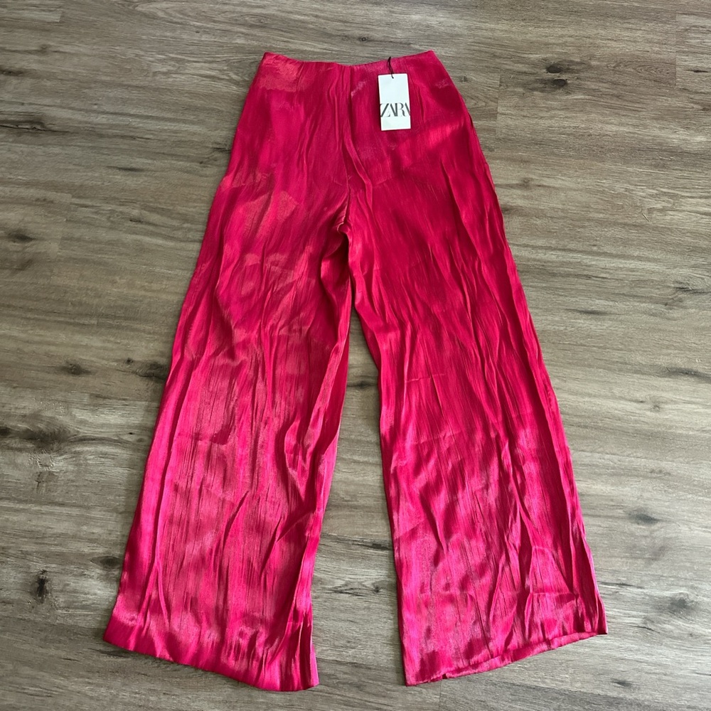 Zara hot pink wide leg silk Trousers, size XS, new with tag💖